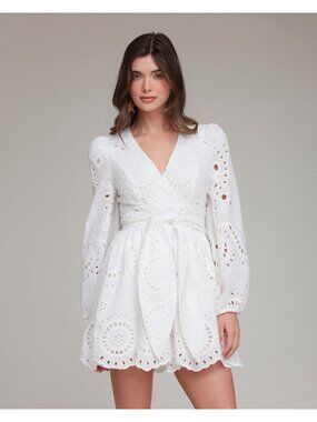 Avec Les Filles Womens White Eyelet Lace Long Sleeve Mini Dress Size 10